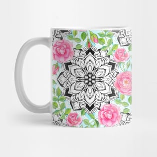 Pink Roses and Mandalas on Sky Blue Lace Mug